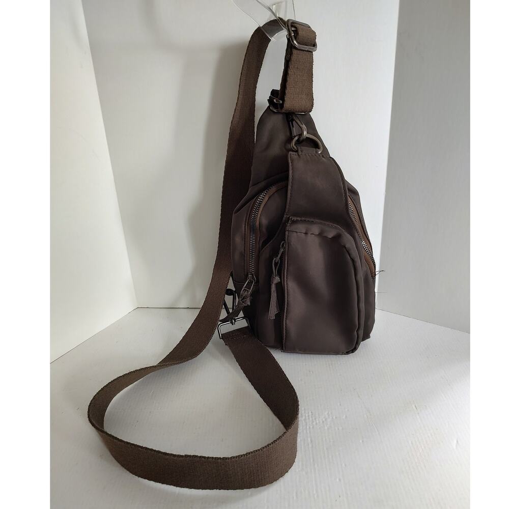 Maurices Brown Fabric Adjustable Strap Zip Close Sling Bag 12in X 6in X 3in
